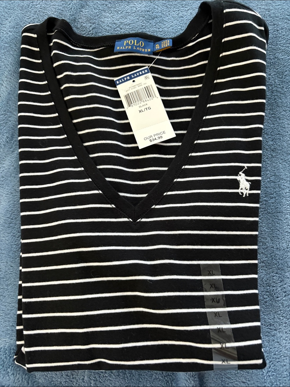 Polo by Ralph Lauren Black and White Striped V-Neck Top
